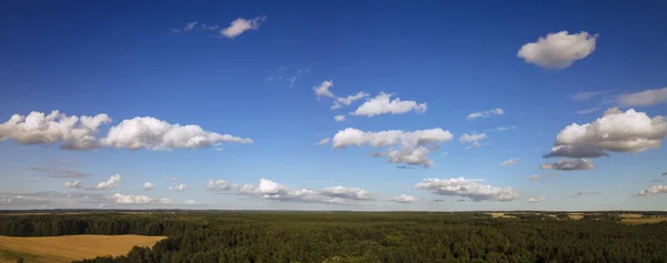 Horní Pohled Zelená Pole Les Zamračenou Modrou Oblohu Létě Abstraktní — Stock fotografie