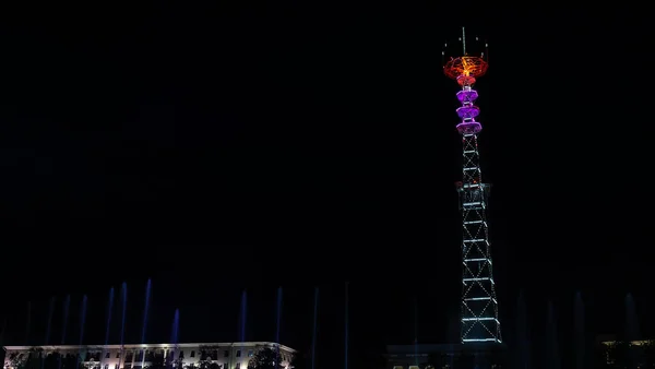 Glowing Tower Night Festive Illuminated Broadcast Tower Space Text — Stock Photo, Image