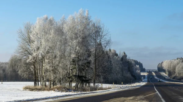 Landsväg Genom Vinter Landsbygd Scen Svart Ren Asfalt Vintervägen Går — Stockfoto