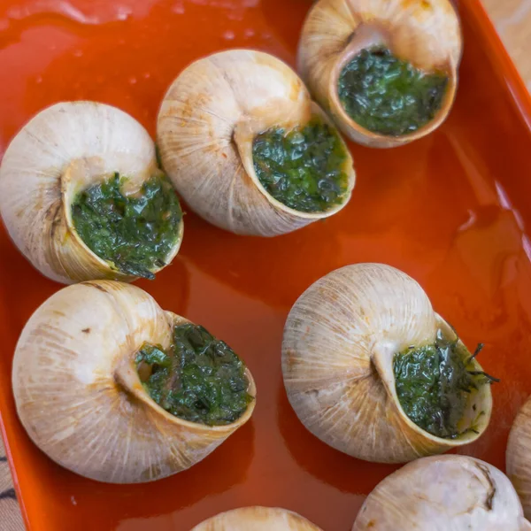 Chiocciole Mollusco Cotte Con Guscio Strisce Arancioni Cucina Francese Concetti — Foto Stock