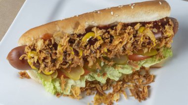 Marullu sosisli, turşulu, kızarmış soğanlı, beyaz tabakta ketçaplı. Danimarka malzemeleriyle hazırlanmış sosisli sandviç. Fast food kavramları.