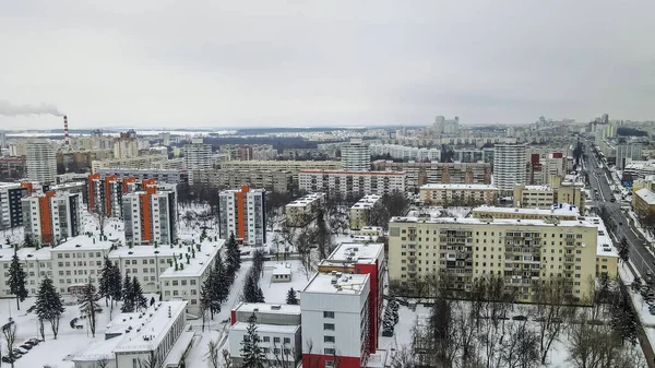 Büyük Şehirdeki Evler Yol Havadan Görünüyor Kış Manzarası Minsk Merkezindeki — Stok fotoğraf