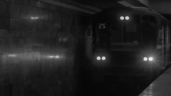 Zwart Wit Foto Ondergrondse Trein Aankomst Van Metro Het Station — Stockfoto