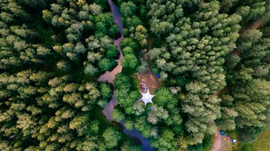 Tatillerde en iyi kamp manzarası. Nehir kıyısındaki ormanda turist çadırları. Hava görünümü.