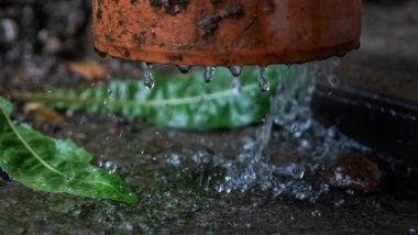Şiddetli yağmur. Yağmur suyu çatıdan drenaj borusuna akıyor..