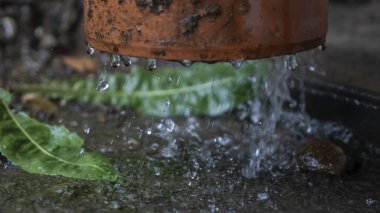 Şiddetli yağmur. Yağmur suyu çatıdan drenaj borusuna akıyor..