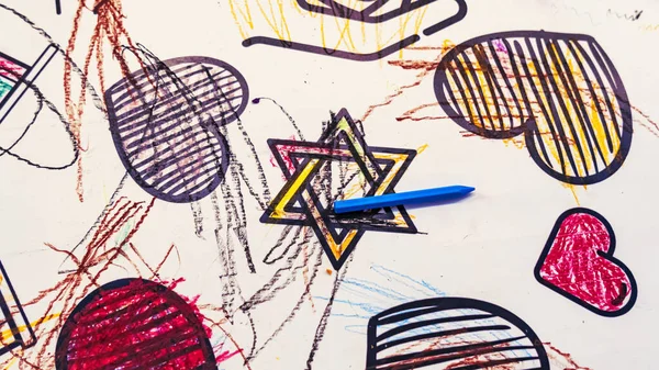 Desenho Crianças Estrela David Magendovid Mogendovid Com Lápis Azul Corações — Fotografia de Stock