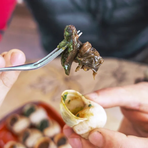 Chiocciole Mollusco Cotte Con Guscio Strisce Arancioni Cucina Francese Contesto — Foto Stock