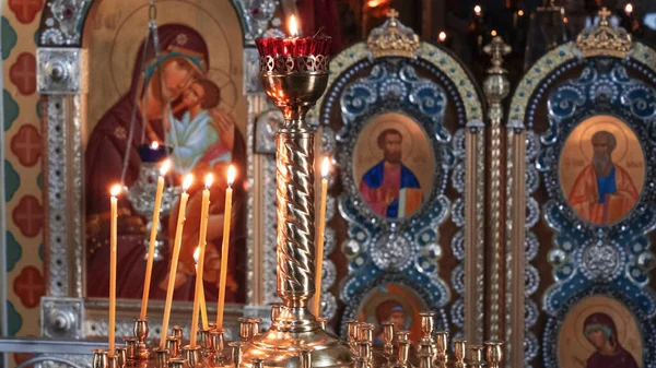 Bougies Cire Dans Une Église Orthodoxe Sur Fond Icône Espace — Photo