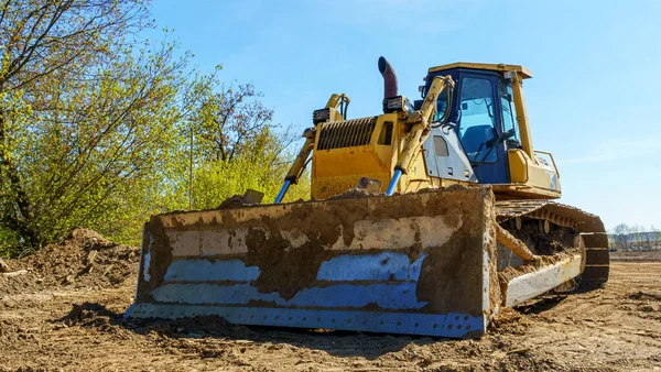 Schweres Gerät Radlader Auf Baustelle Großaufnahme Von Planierraupe Oder Bagger — Stockfoto