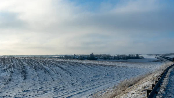 Zimowy Krajobraz Rolniczy Pod Śniegiem Drzewami Tle Zimowy Krajobraz Śnieżnym — Zdjęcie stockowe