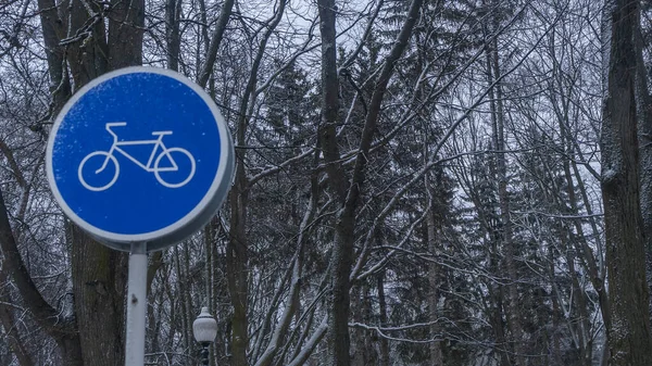 Синий Знак Велодорожки Зимнем Парке Велосипеды Холодную Погоду Велосипеды Холодную — стоковое фото