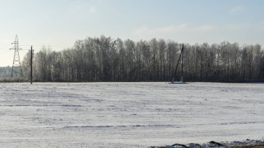 Arkasında ağaçlar olan kar altında kış tarım arazisi manzarası. Kırsalda karla kaplı kış manzarası. Metin için boşluk.