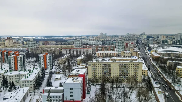 Vista Aérea Casas Carretera Gran Ciudad Paisaje Invernal Zonas Residenciales —  Fotos de Stock