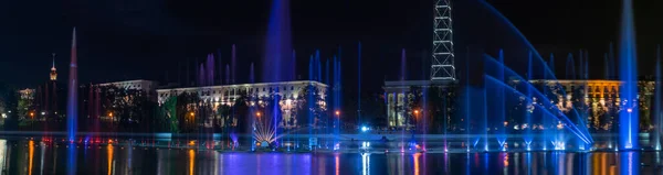 Multicolored Musical Fountain River Night Fountain Night Illumination Space Text — Stock Photo, Image