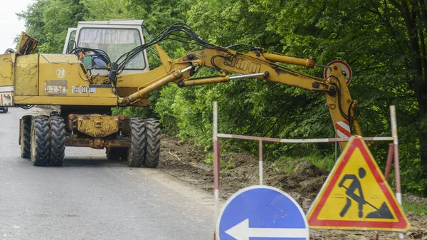 Bau Einer Straße Erdbewegung Bagger Auf Einer Baustelle Konzept Für — Stockfoto