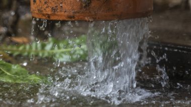 Şiddetli yağmur. Yağmur suyu çatıdan drenaj borusuna akıyor..