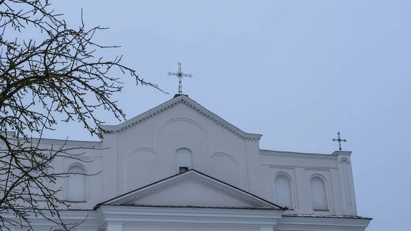 Католицький Дах Церкви Хрестом Через Голі Гілки Дерева Вид Купол — стокове фото