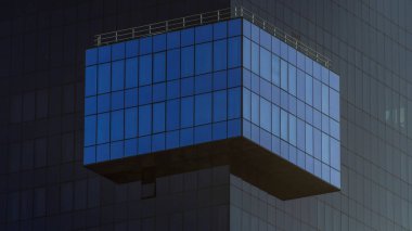 Modern koyu camdan bir binanın parçası. Mesaj için yer var. Geleceğin mimarisi iş konsepti. Mavi gradyan çizgi.
