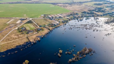 Dalgalanan sular altında kalan ağaçlar. Sudaki ağaçlar. Beyaz Rusya 'nın Turov kenti yakınlarındaki Pripyat Nehri' nin taşmasıyla manzara.