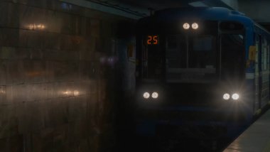 Yeraltı treni hareket ediyor. Metro treninin istasyona varışı. Trafik sıkışıklığı olmayan şehir. Toplu taşıma kavramı.