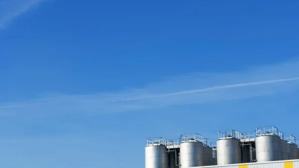 Part Steel Tanks Silvery Color Background Blue Sky Space Text — Stock Photo, Image