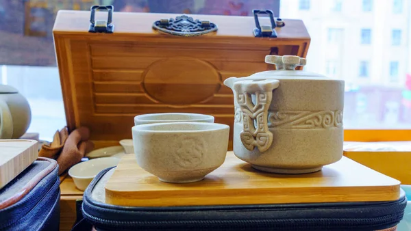 Невеликі Чайні Набори Продажу Туристичному Ринку Керамічний Чайник Чашка Ручним — стокове фото
