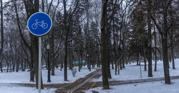Kék Kerékpárút Tábla Téli Parkban Kerékpározás Hideg Időben Kerékpározás Hideg — Stock Fotó