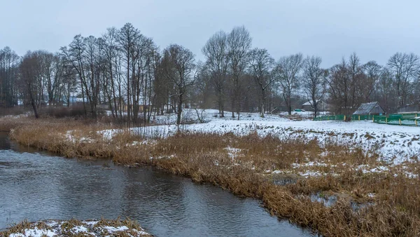 Malowniczy Zimowy Lub Późnojesienny Krajobraz Przyrodniczy Rzeką Drzewami Suszoną Żółtą Obraz Stockowy