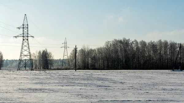 Tle Wysoki Napięcie Elektroenergetyczny Słup Śnieżny Pole Drzewo Słupy Wysokiego — Zdjęcie stockowe