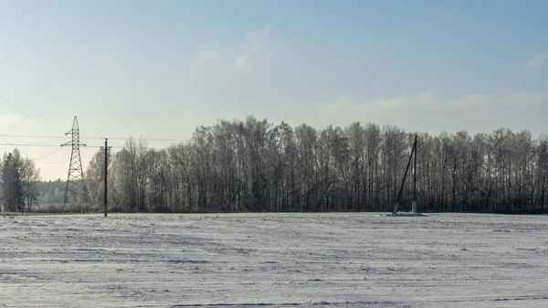 Tle Wysoki Napięcie Elektroenergetyczny Słup Śnieżny Pole Drzewo Słupy Wysokiego — Zdjęcie stockowe