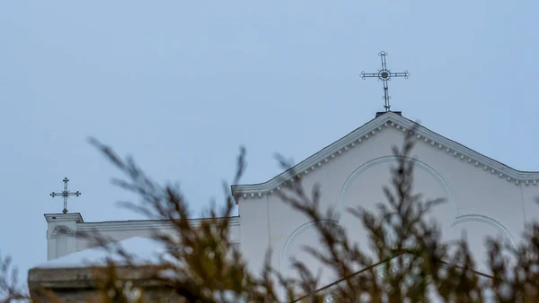 Vista Cúpula Del Templo Con Cruz Través Las Ramas Los — Foto de Stock