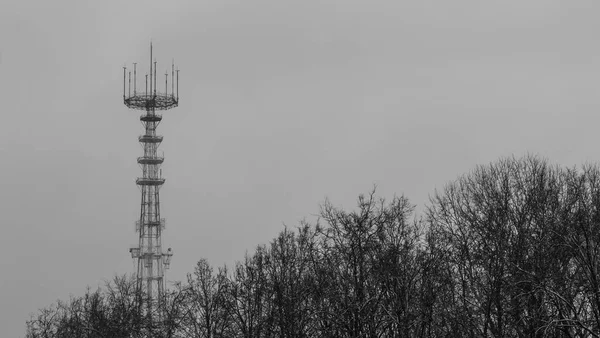 Černobílý Obraz Televizní Věže Zimní Šedou Oblohou Pozadí Koncept Osamělosti — Stock fotografie