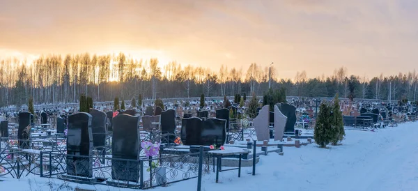 Зимовий Захід Сонця Над Сніговим Кладовищем Темними Надгробками Деревами Життя — стокове фото
