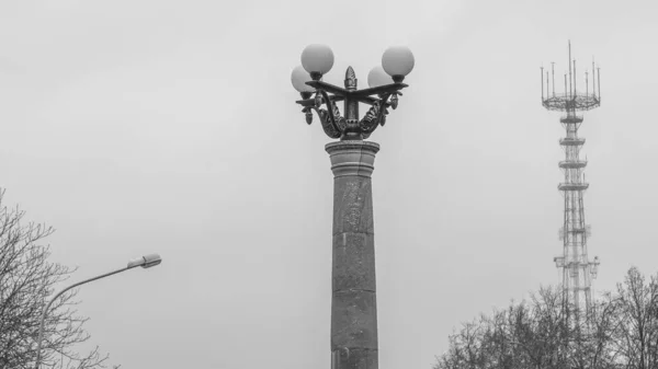 Fekete Fehér Kép Egy Hatalmas Utcai Lámpáról Toronnyal Téli Szürke — Stock Fotó
