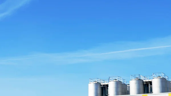 Part Steel Tanks Silvery Color Background Blue Sky Space Text — Stock Photo, Image