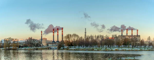 Power Station Reservoir Winter Beautiful Seaside Winter Sunset Smoking Factory — Stock Photo, Image