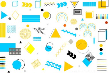 Geometrik şekiller. Modern elementlerle soyut arkaplan. Hippiler için model. 80 'lerden, 90' lardan tasarım sanatı. Daire, üçgen, yarım tonlu doku. Poster ve afiş için en düşük biçim.