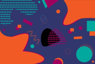 soyut geometrik tasarım yuvarlak, daire, kare ve turuncu, mavi, pembe çelik mavi arkaplan karışımı.