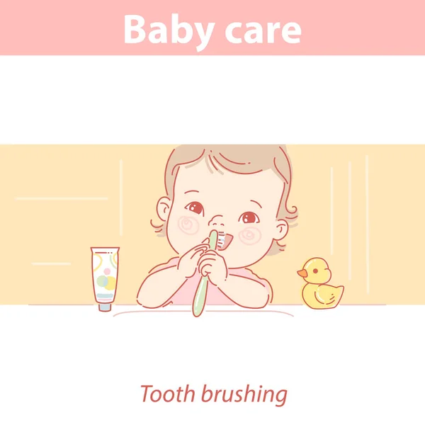 Niño cepillándose los dientes. Salud y cuidado del bebé Vector De Stock