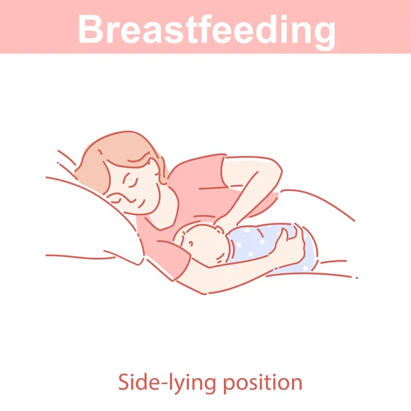 Posición de amamantamiento lateral. Mujer alimentando al bebé con almohada. Vectores De Stock Sin Royalties Gratis