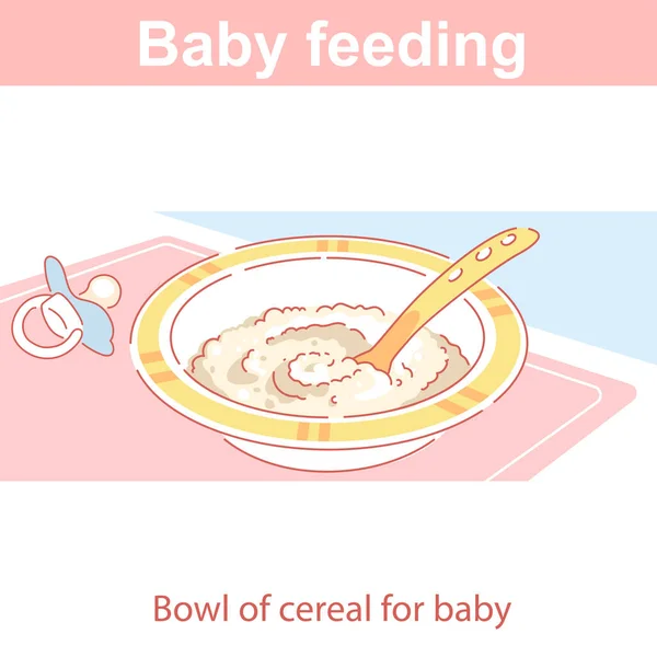 Alimentación del bebé. Placa de cereal, puré en la mesa. Ilustración De Stock