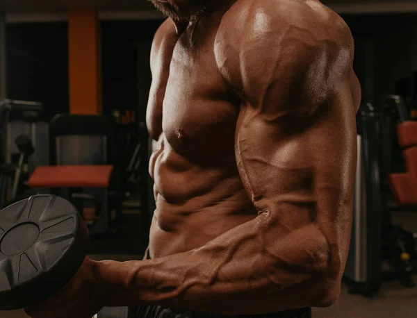 Close Shot Torso Bodybuilder Who Doing Bicep Curls Gym Photo — Stock Photo, Image