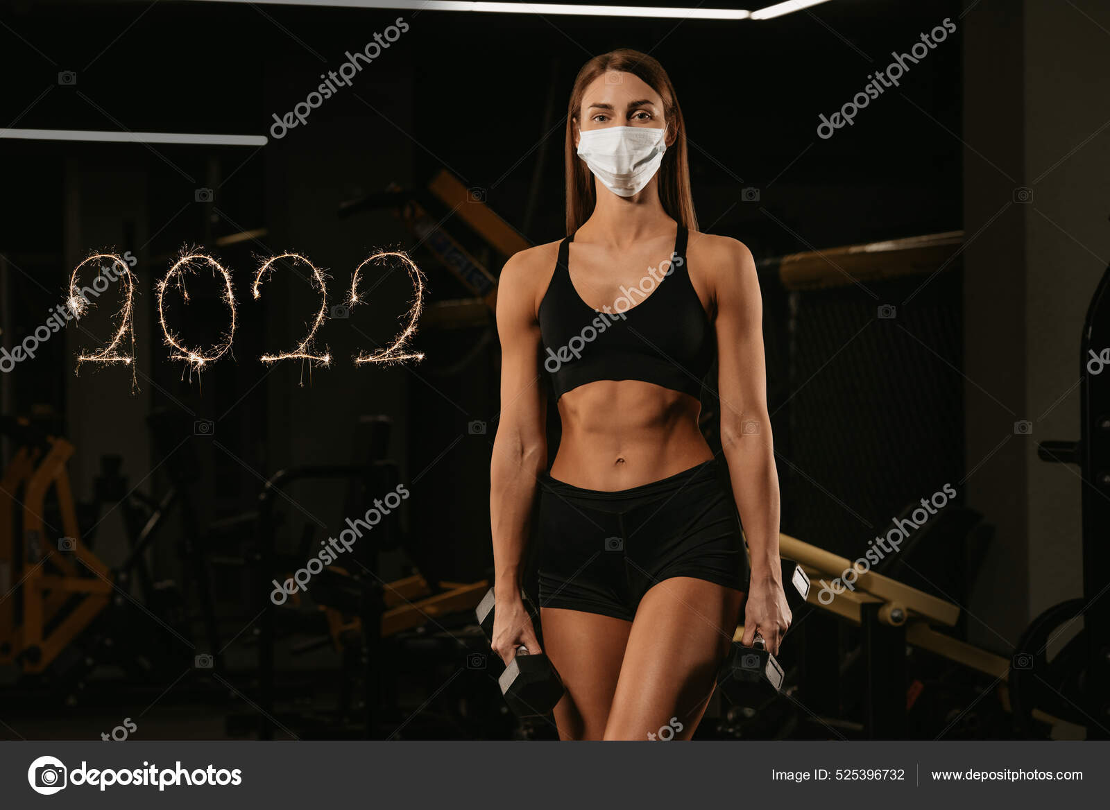 Fit Woman Face Mask Avoid Spread Coronavirus Posing Dumbbells Sporty Stock  Photo by ©Minchanin 525396732