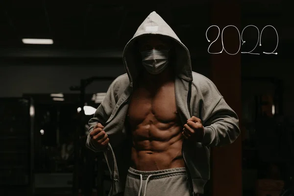 Bodybuilder Hood Mask Avoid Spread Coronavirus Opening His Zipped Hoodie — Stock Photo, Image