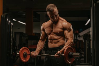 Sakallı bir vücut geliştirici spor salonunda EZ halteriyle biseps yapıyor. Spor yaparken çıplak kaslı bir adamın gövdesinin fotoğrafı..