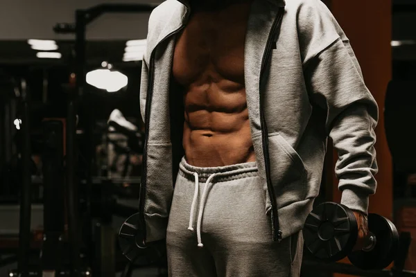 Bodybuilder His Opened Zipped Hoodie Showing His Abdominal Muscles While — Stock Photo, Image