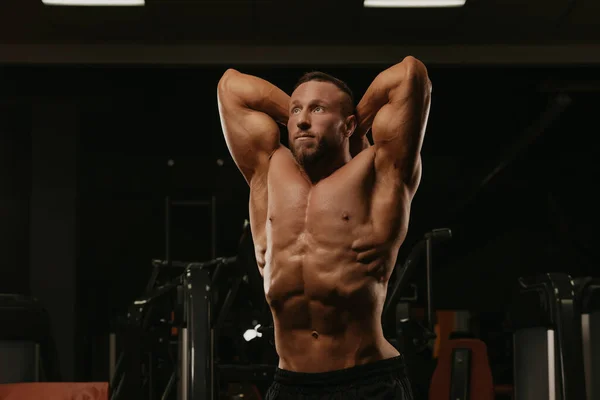 Bodybuilder Beard Doing Stomach Vacuum Pose Workout Gym — Stock Photo, Image