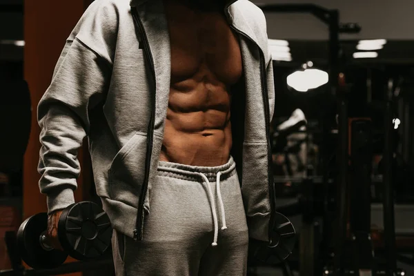 Bodybuilder His Opened Zipped Hoodie Showing His Abdominal Muscles While — Stock Photo, Image