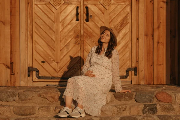 Pregnant Woman Relaxing Stone Steps Old Church Eastern European Village — Stock Photo, Image